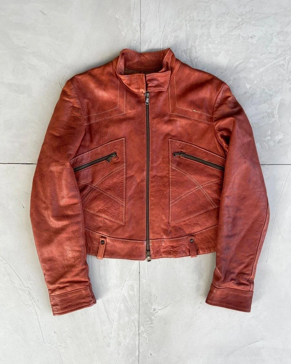 2000'S RED LEATHER BIKER JACKET - M