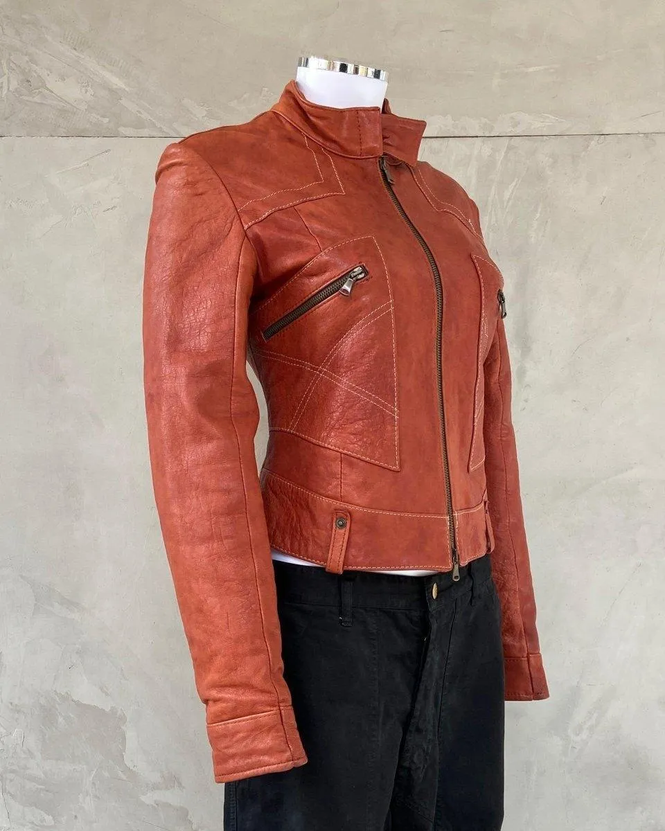 2000'S RED LEATHER BIKER JACKET - M