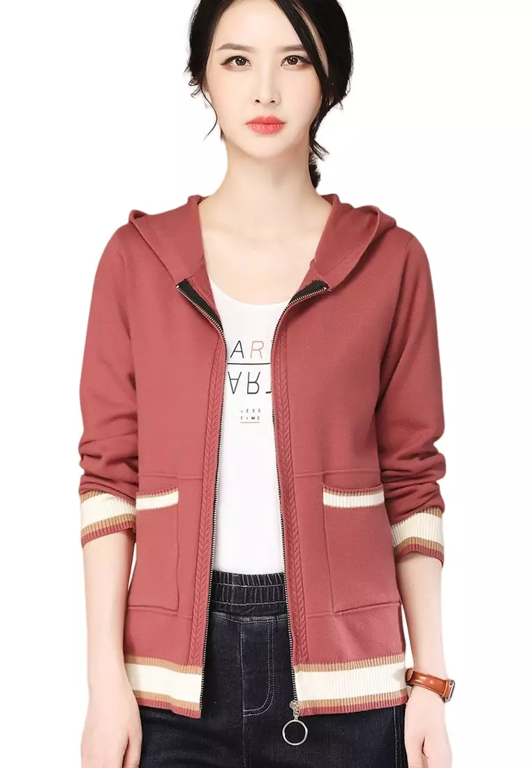 A-IN GIRLS Simple Colorblock Hooded Knit Jacket