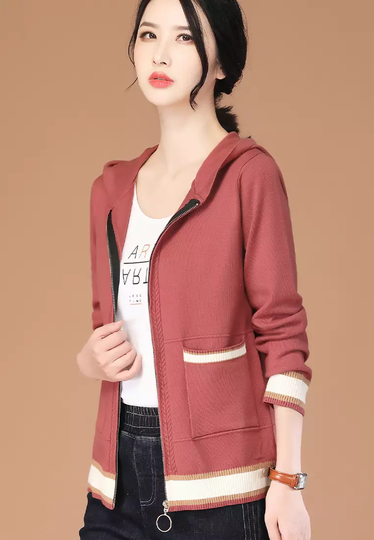 A-IN GIRLS Simple Colorblock Hooded Knit Jacket