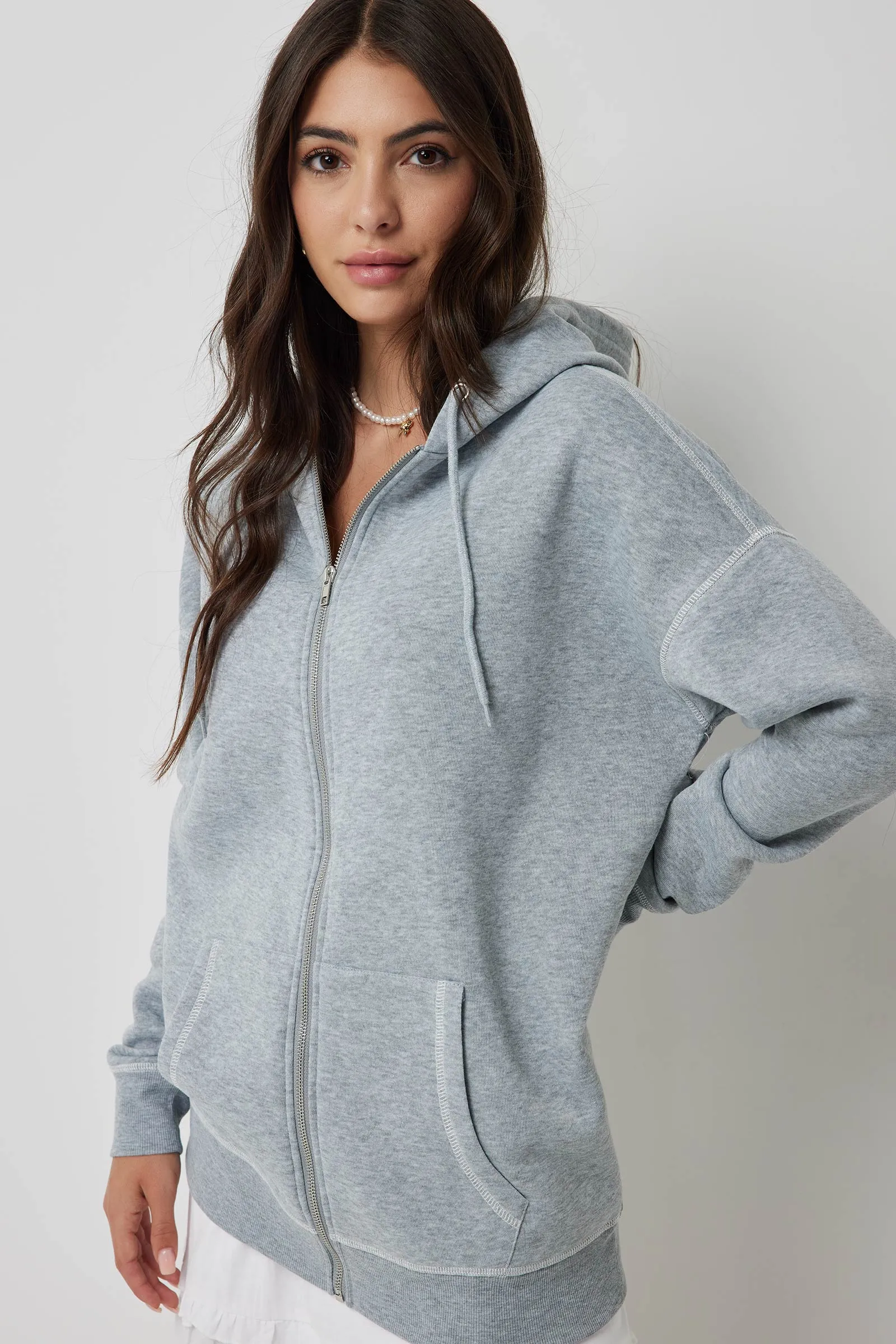 Ardene Ardene Exposed Seam Zip-Up Hoodie in Light Grey | Size | Polyester | Fleece-Lined