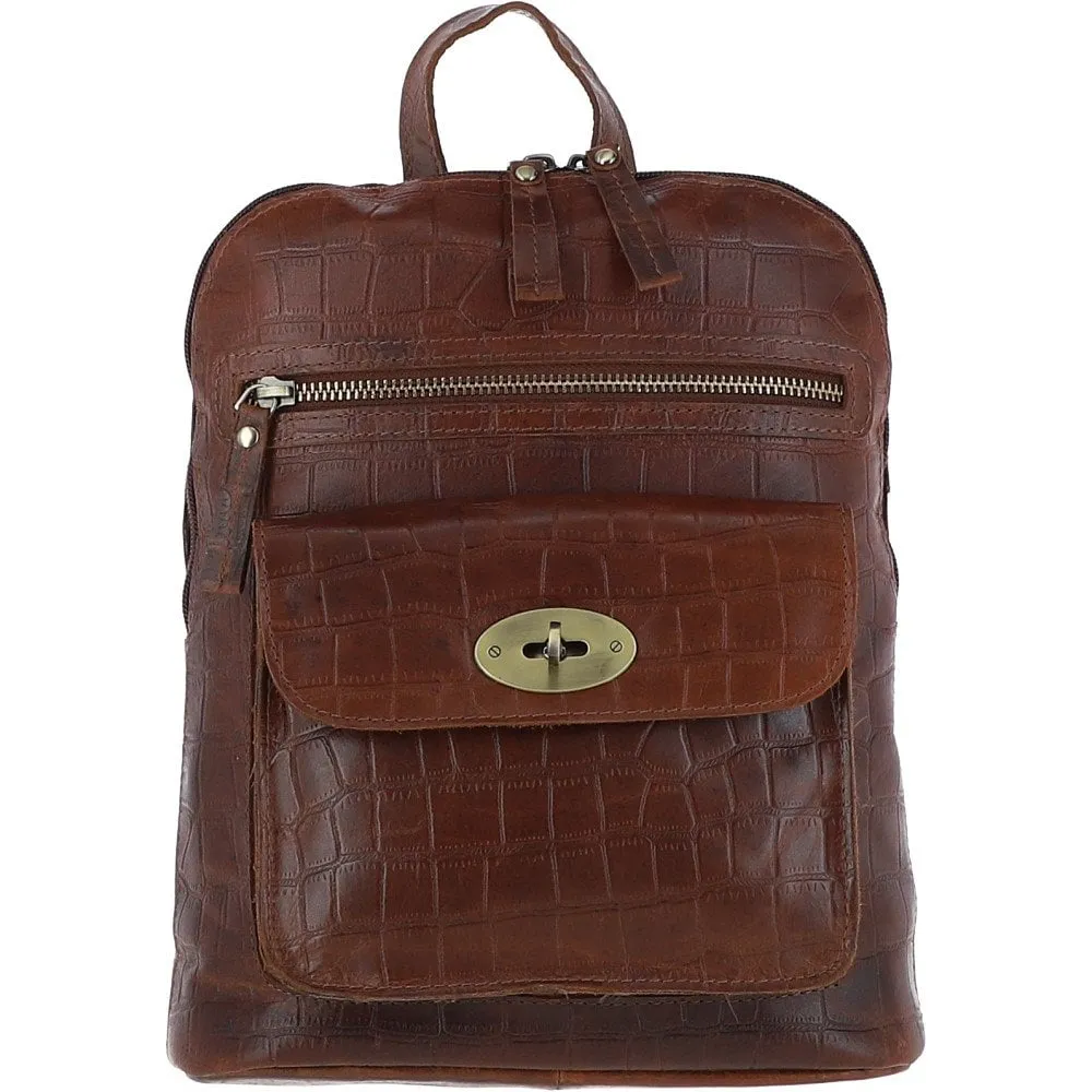 Ashwood Croc Print Leather Mini Backpack Cognac: L-75