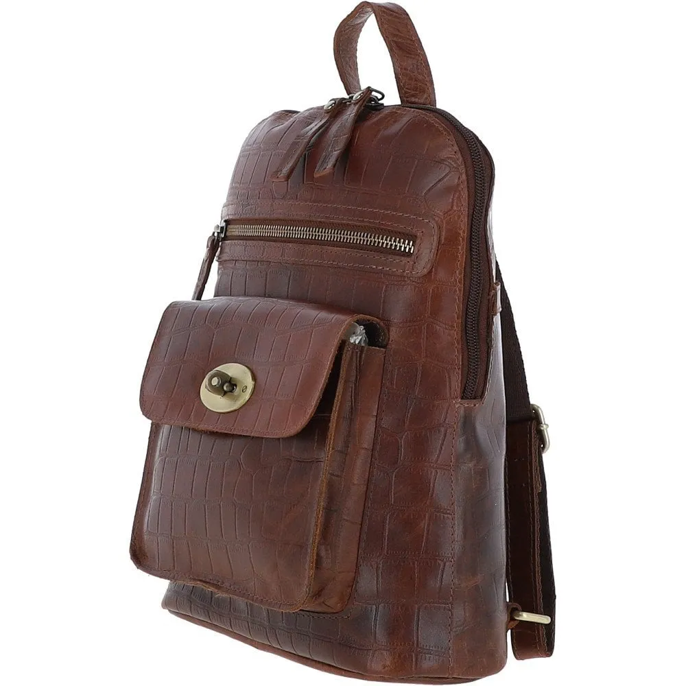 Ashwood Croc Print Leather Mini Backpack Cognac: L-75