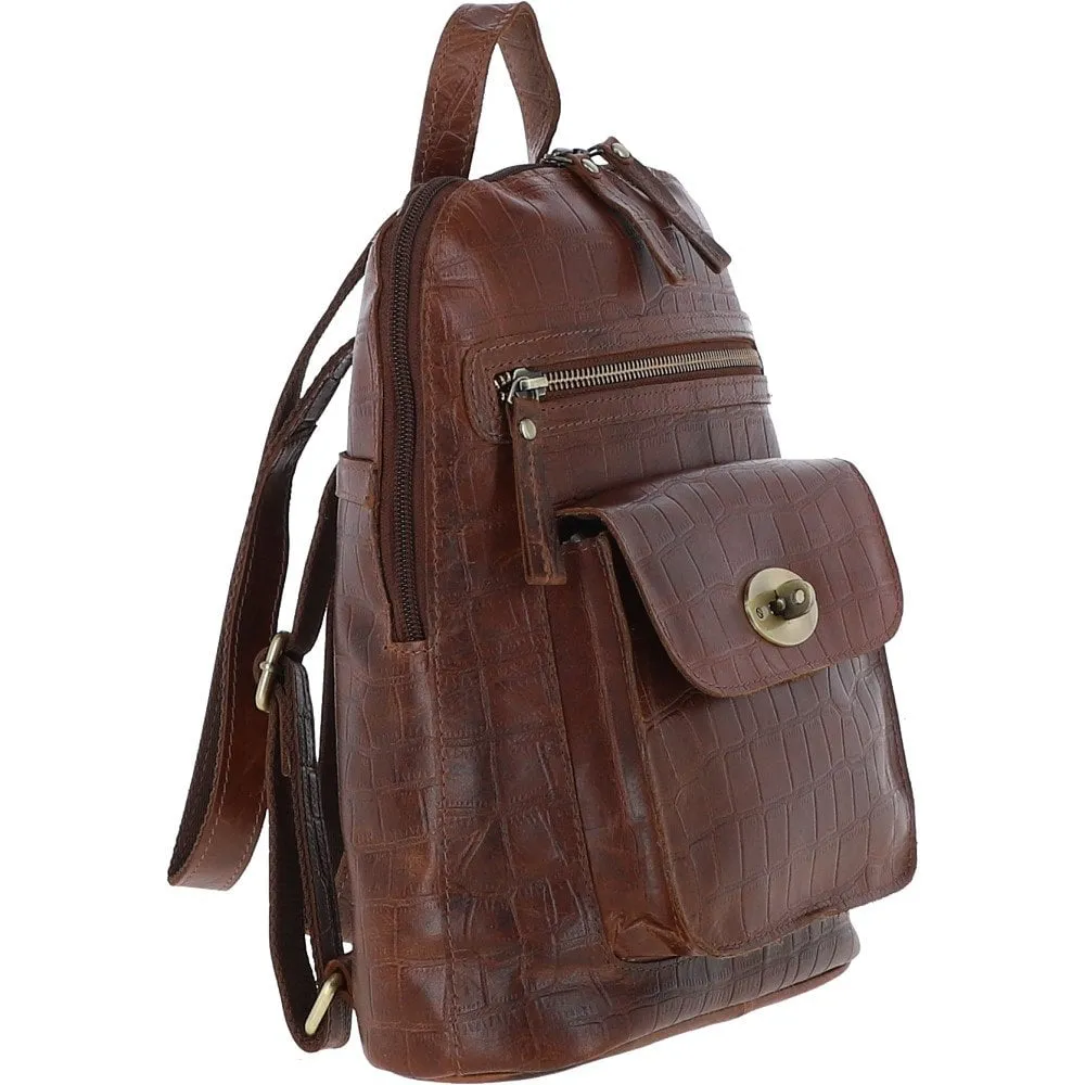 Ashwood Croc Print Leather Mini Backpack Cognac: L-75