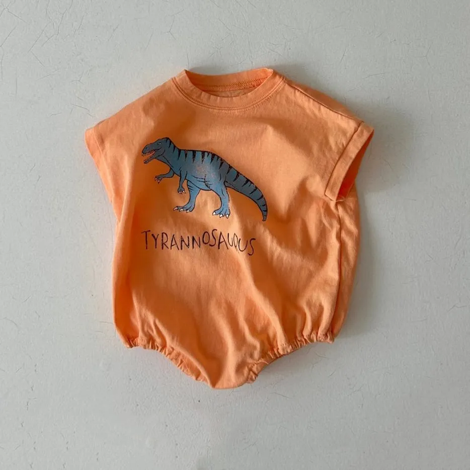 Baby Summer Dinosaur Short Sleeve Tee Romper (12-24m) - Orange Tyrannosaurus