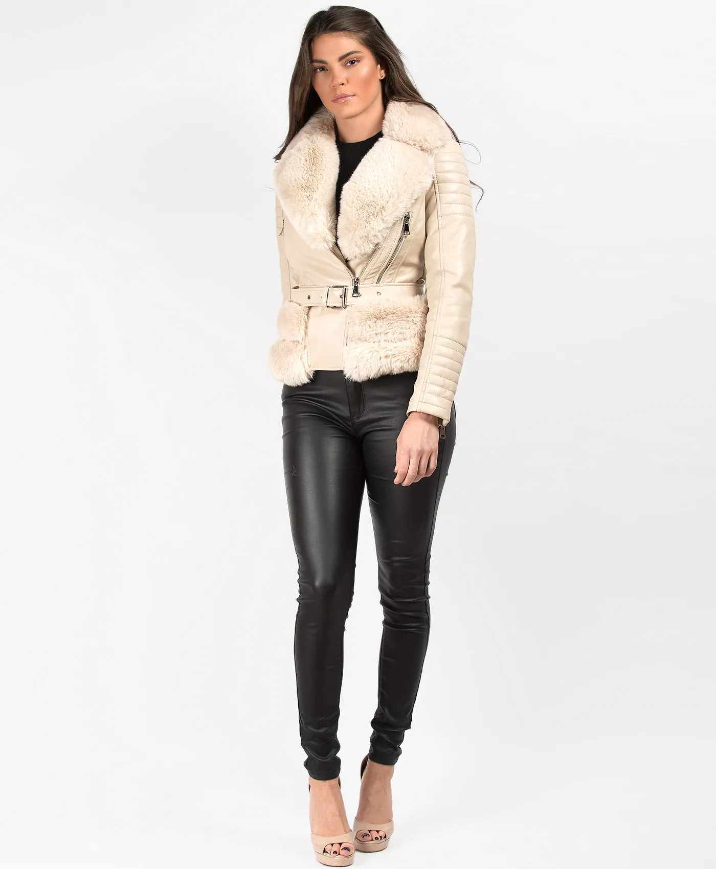 Beige Faux Fur Trim PU PVC Belted Biker Jacket