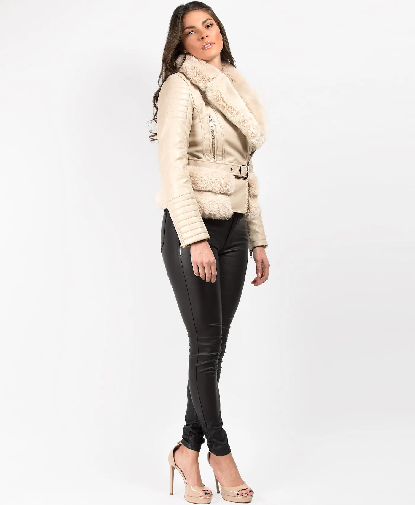 Beige Faux Fur Trim PU PVC Belted Biker Jacket