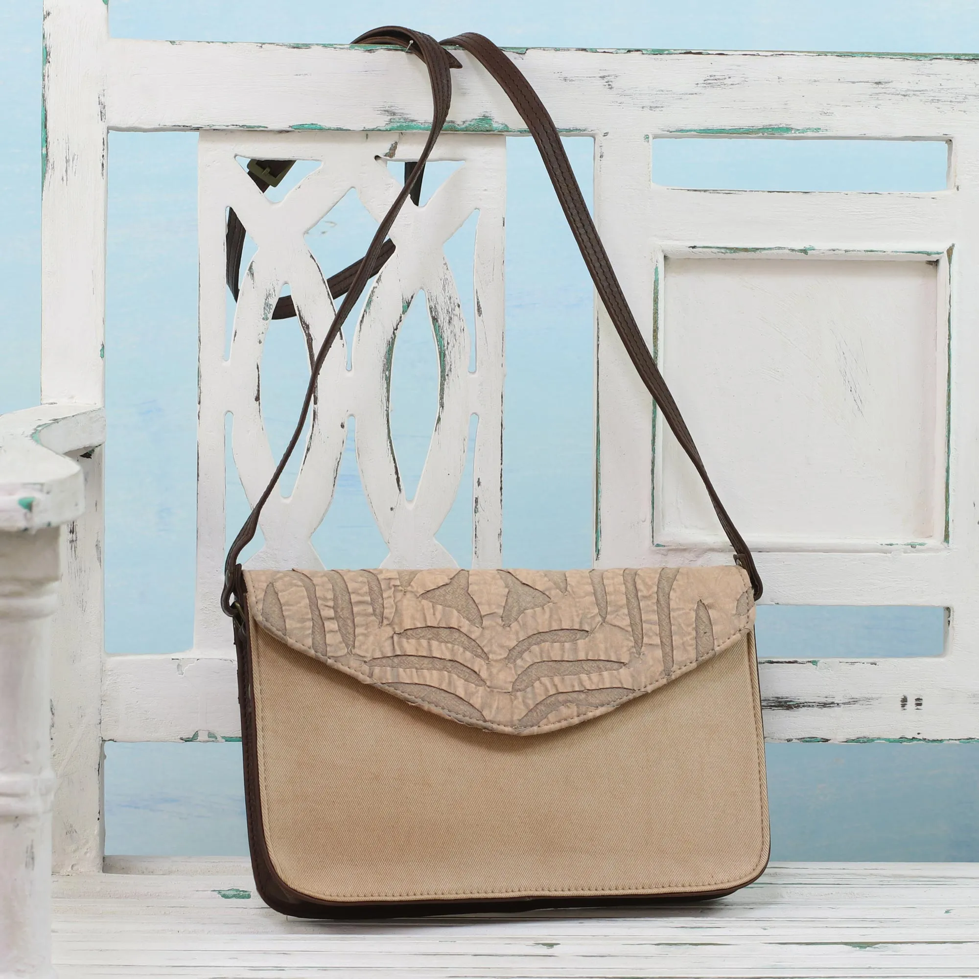 Beige Traveler Leather Accent Cotton Applique Shoulder Bag from India