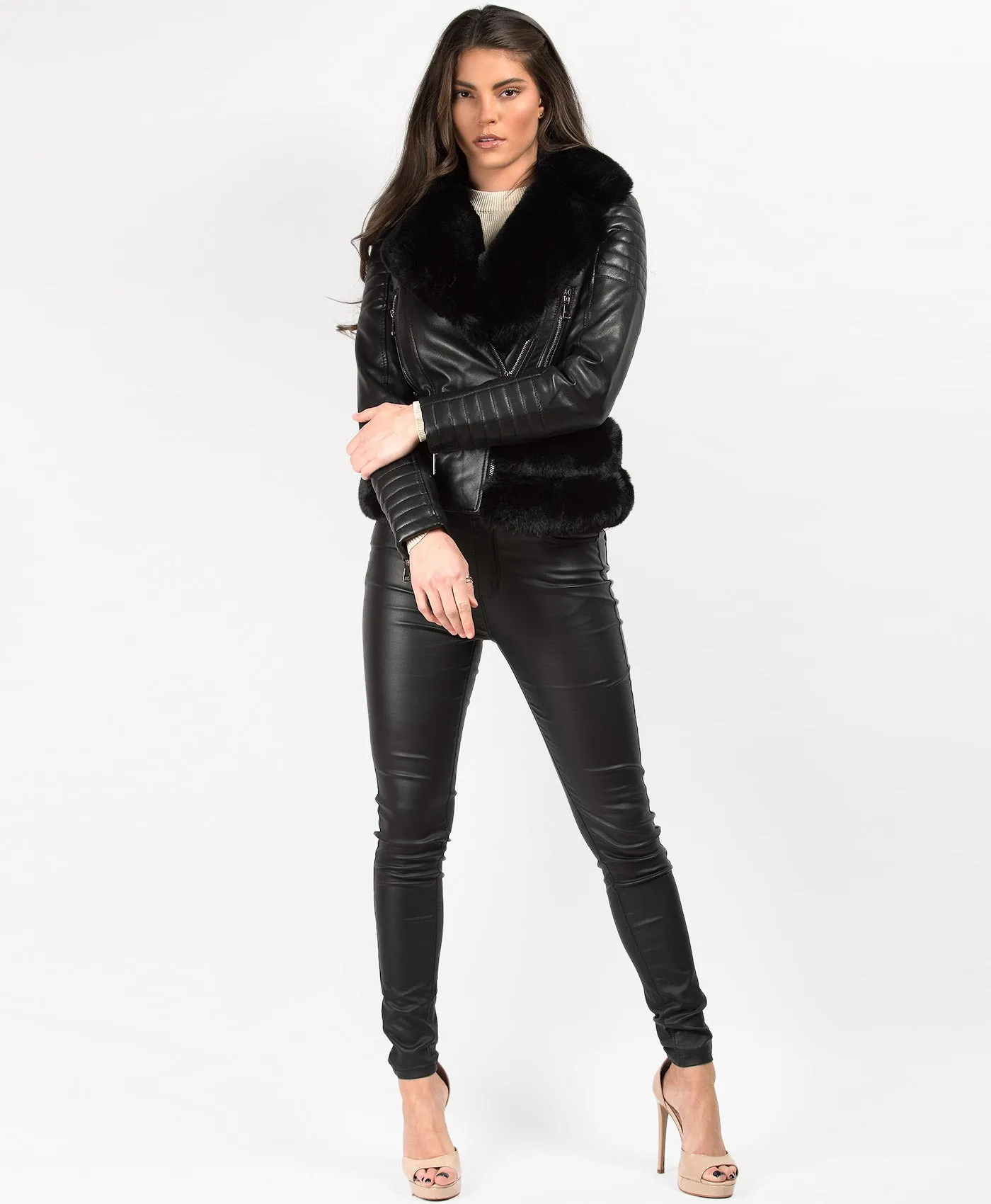 Black Faux Fur Trim PU PVC Belted Biker Jacket