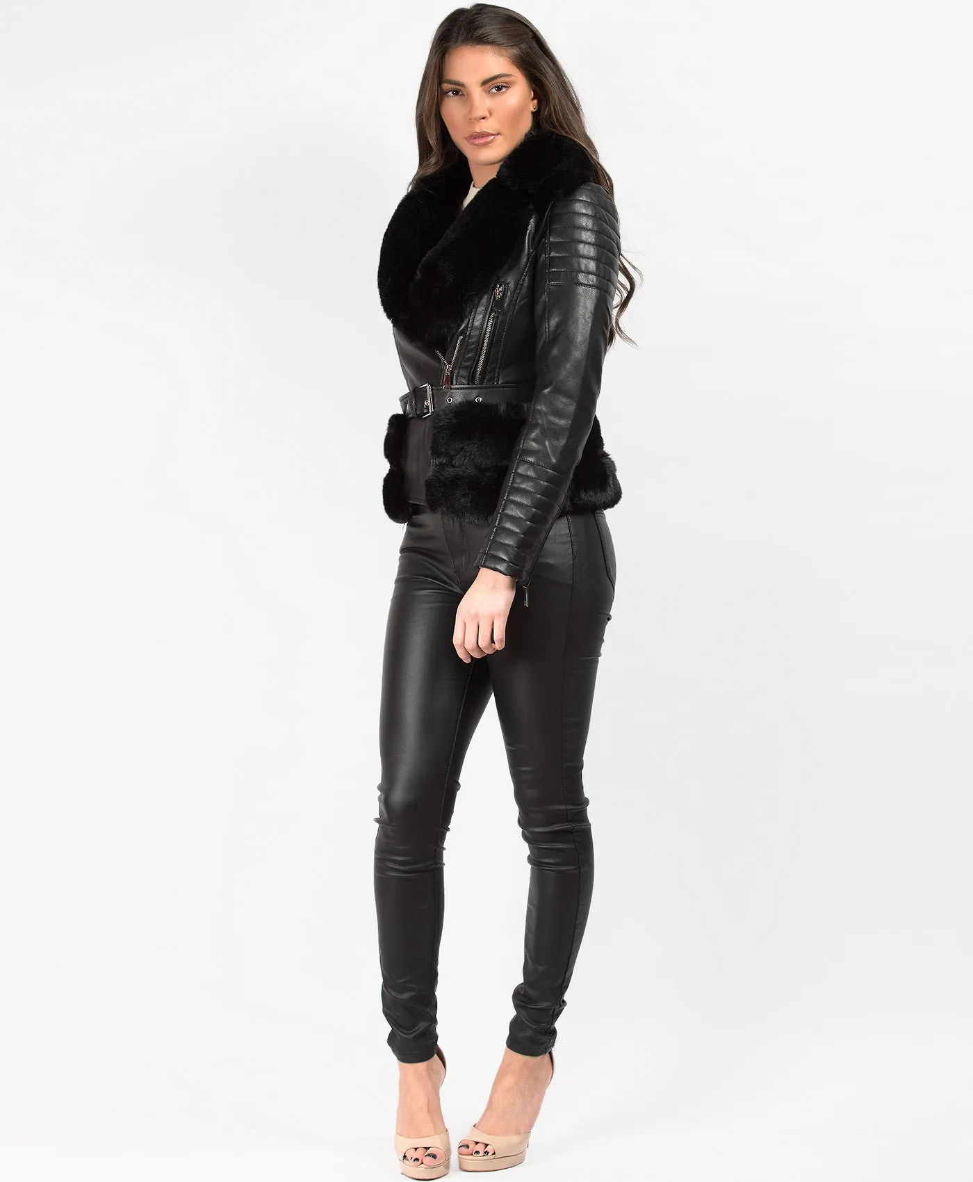 Black Faux Fur Trim PU PVC Belted Biker Jacket