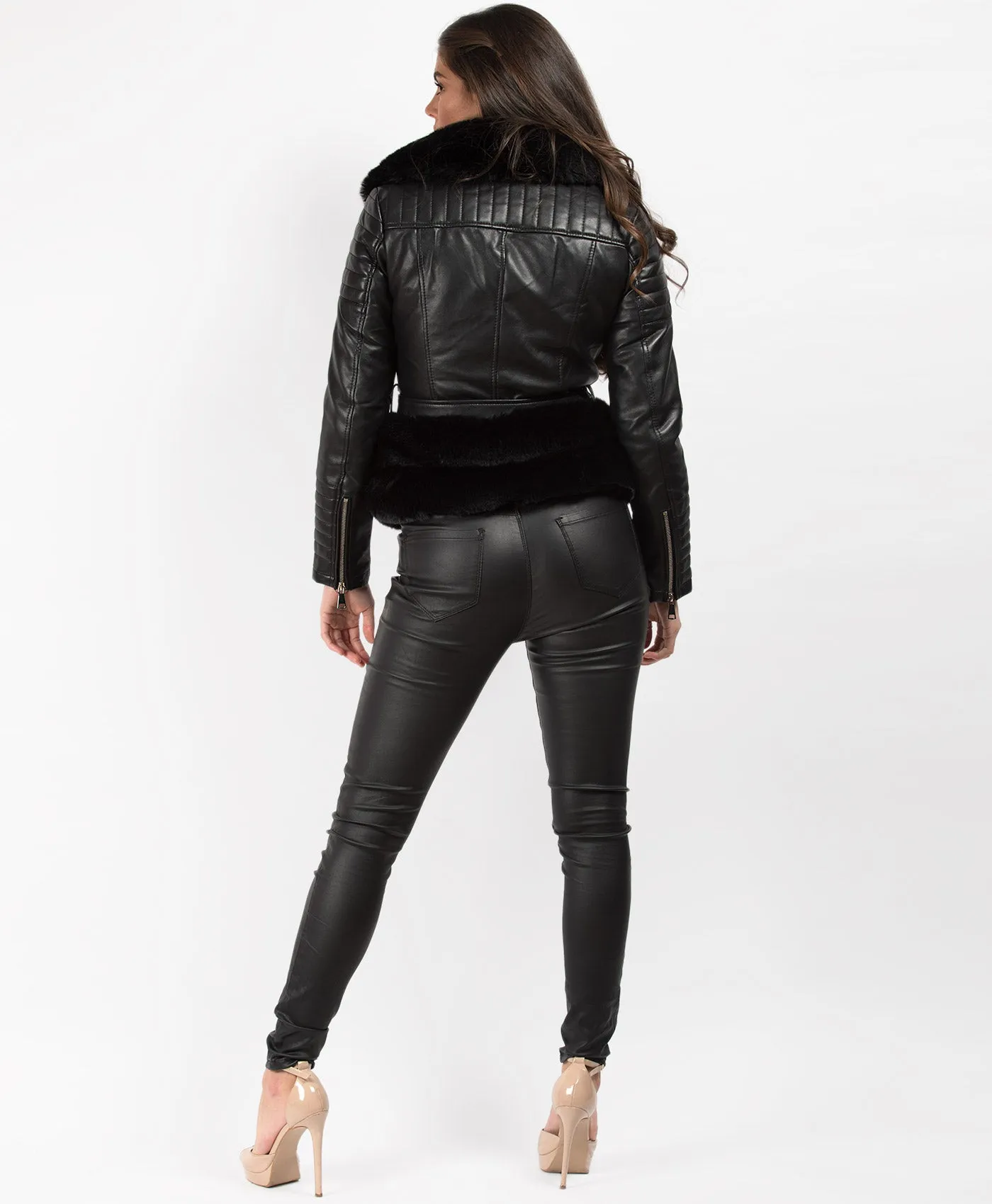 Black Faux Fur Trim PU PVC Belted Biker Jacket