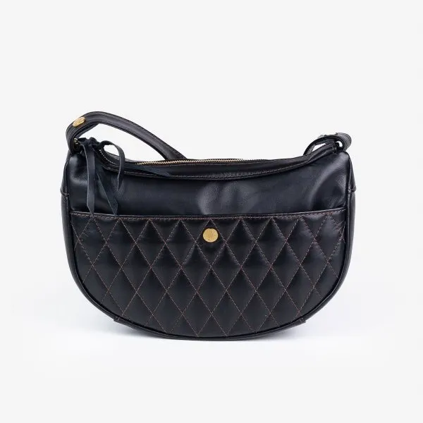 Black Leather Diamond Stitched Shoulder Bag