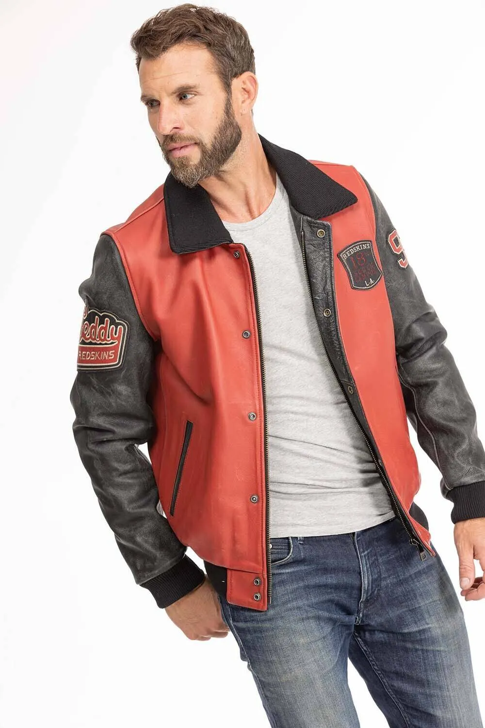 Black redskins red/black teddy collar leather jacket “skateboard”