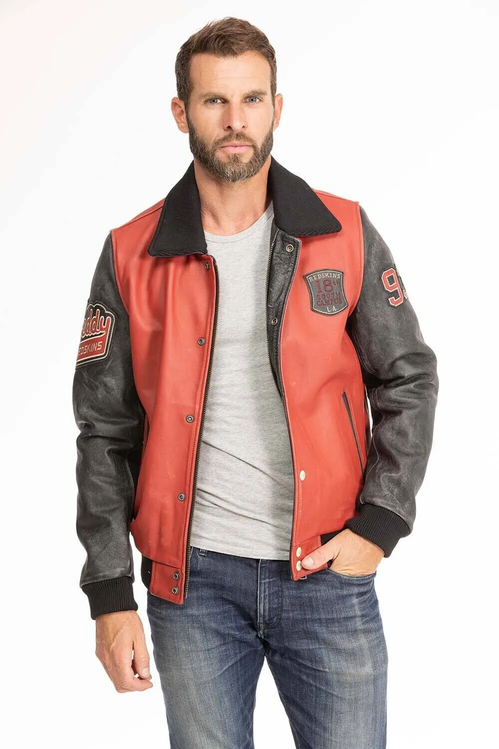 Black redskins red/black teddy collar leather jacket “skateboard”