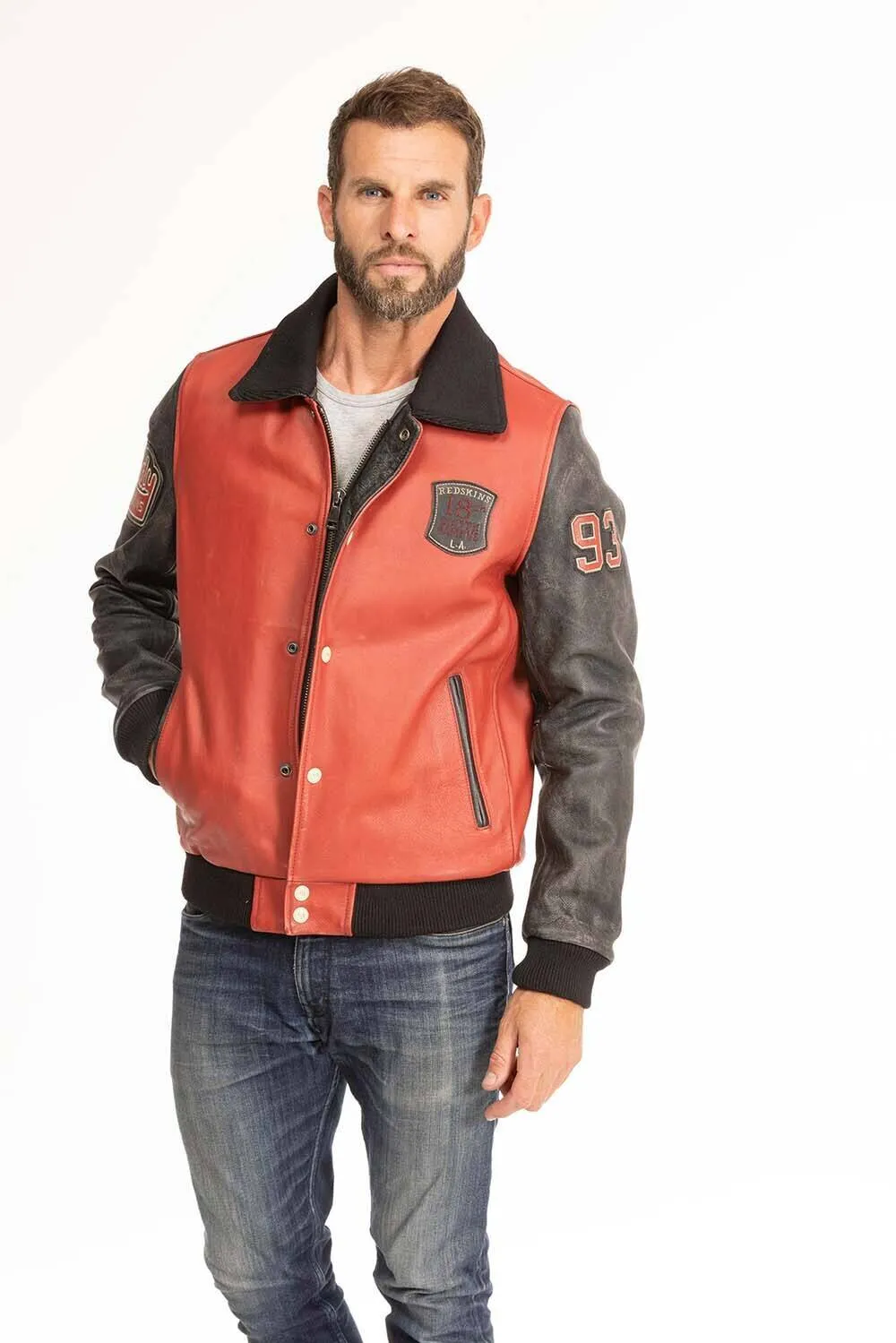 Black redskins red/black teddy collar leather jacket “skateboard”