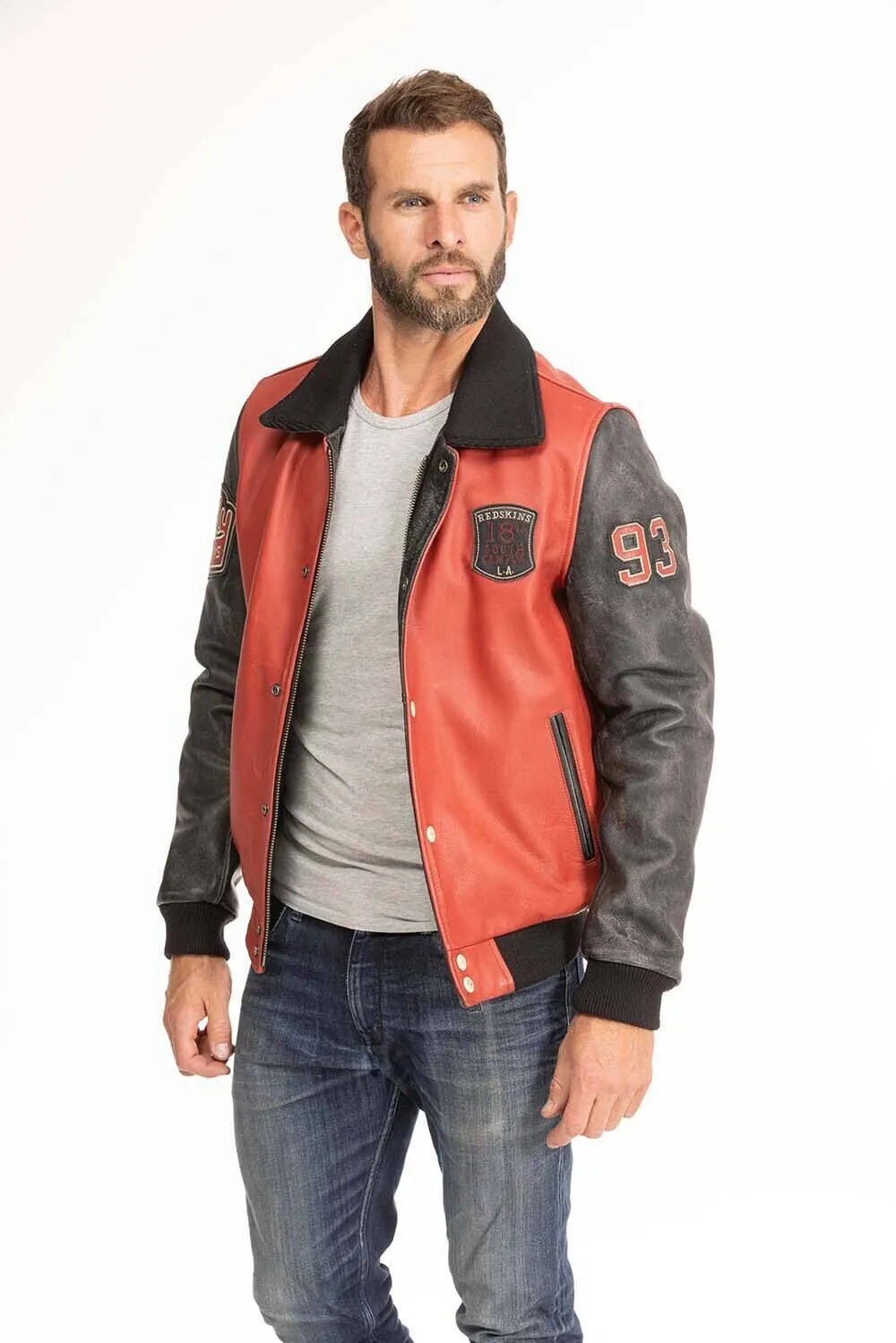 Black redskins red/black teddy collar leather jacket “skateboard”