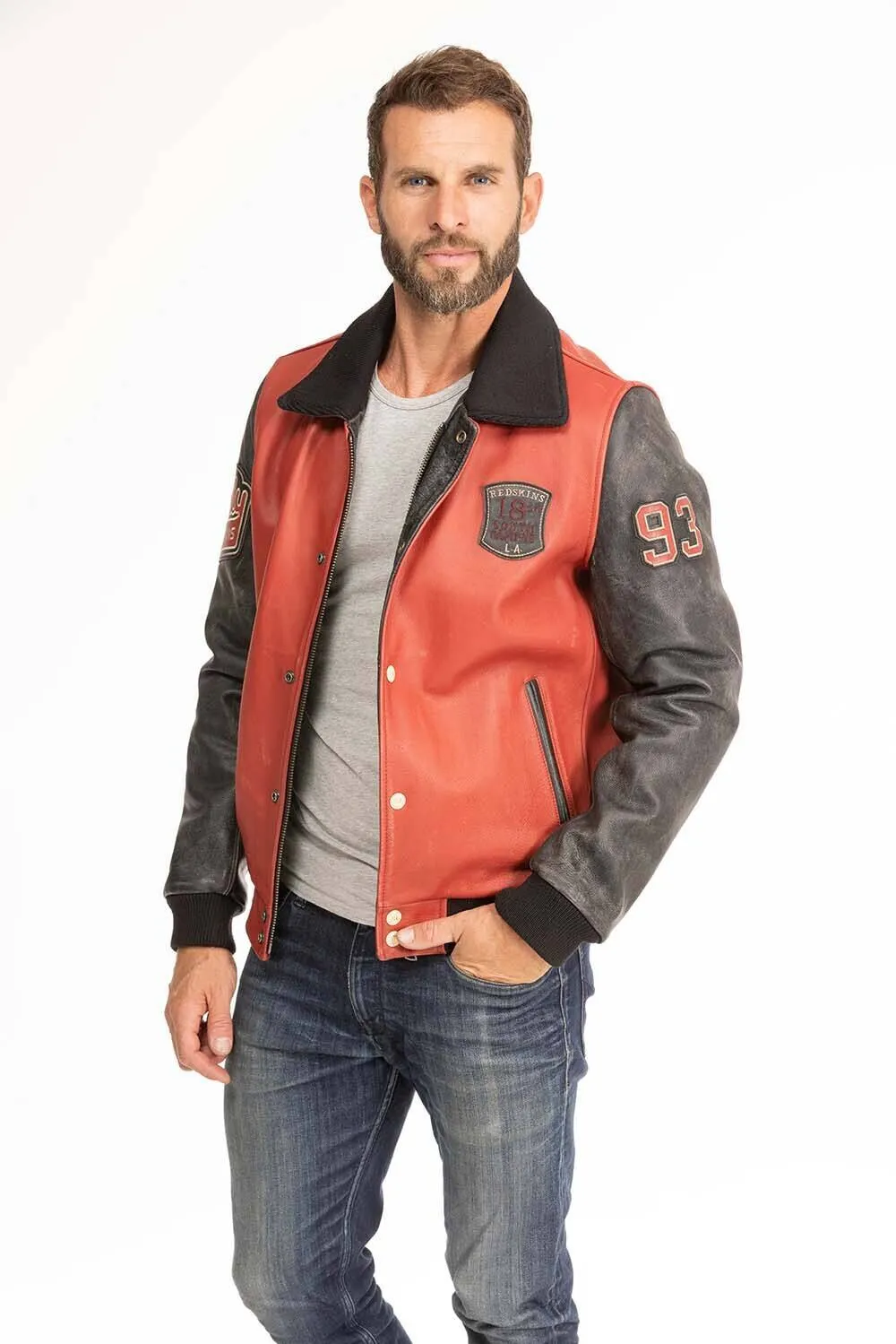 Black redskins red/black teddy collar leather jacket “skateboard”