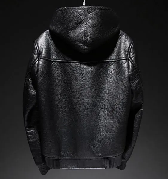 Black Faux leather hoodie jacket for men with fur lining inside