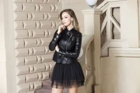 Black PU Leather Jacket for Women Perfecto Design with Side Zips