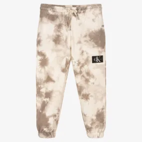 Boys Ivory & Brown Cotton Tie-Dye Joggers