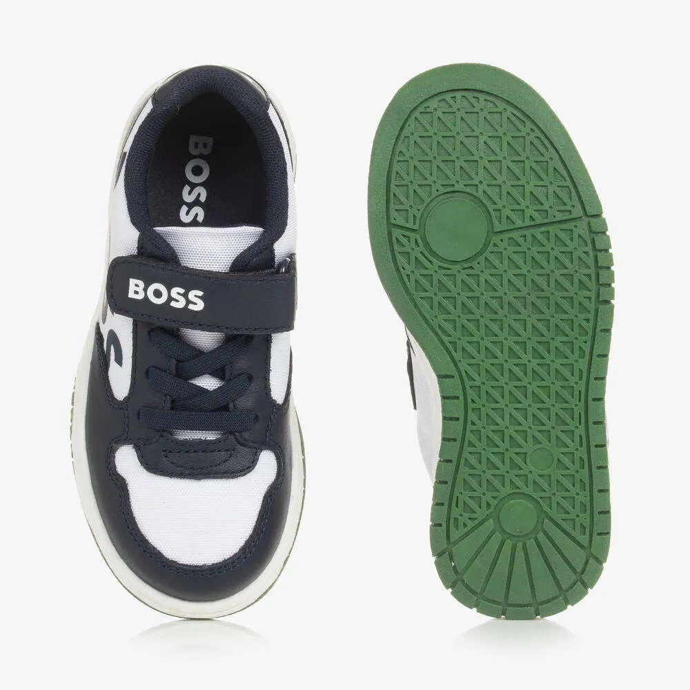 Boys White & Navy Blue Velcro Trainers