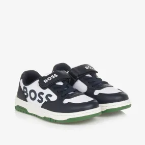 Boys White & Navy Blue Velcro Trainers