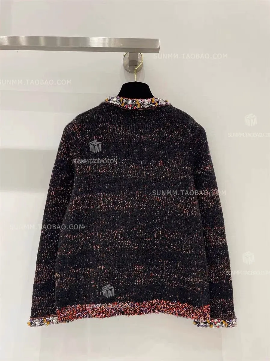 Buyer store 23 autumn high-end niche heavy industry wool hand-beaded V-neck knitted sweater cardigan with small fragrance style