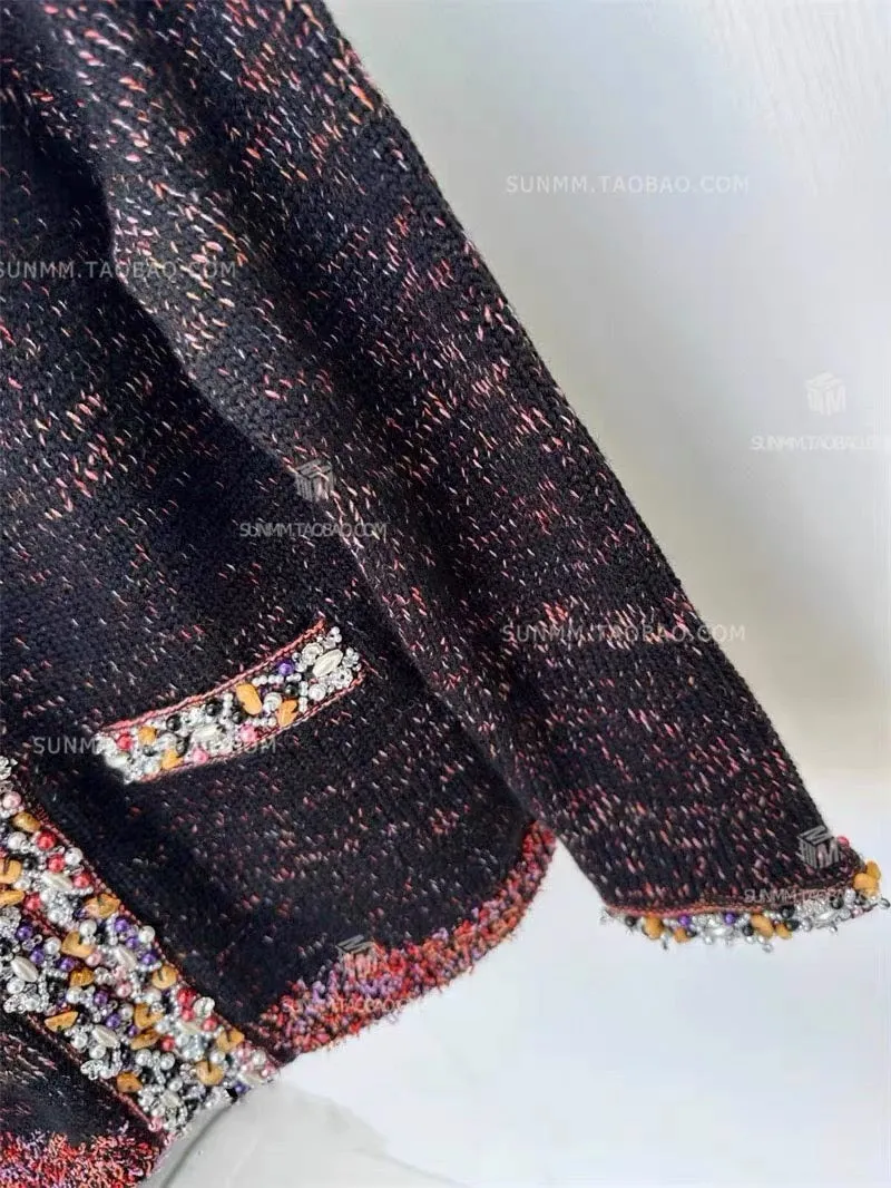 Buyer store 23 autumn high-end niche heavy industry wool hand-beaded V-neck knitted sweater cardigan with small fragrance style