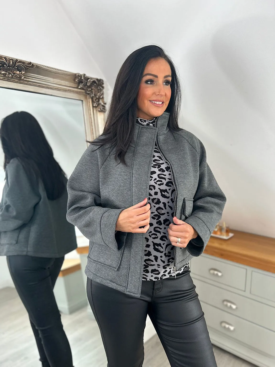 Charcoal High Neck Cropped Jacket Tammy