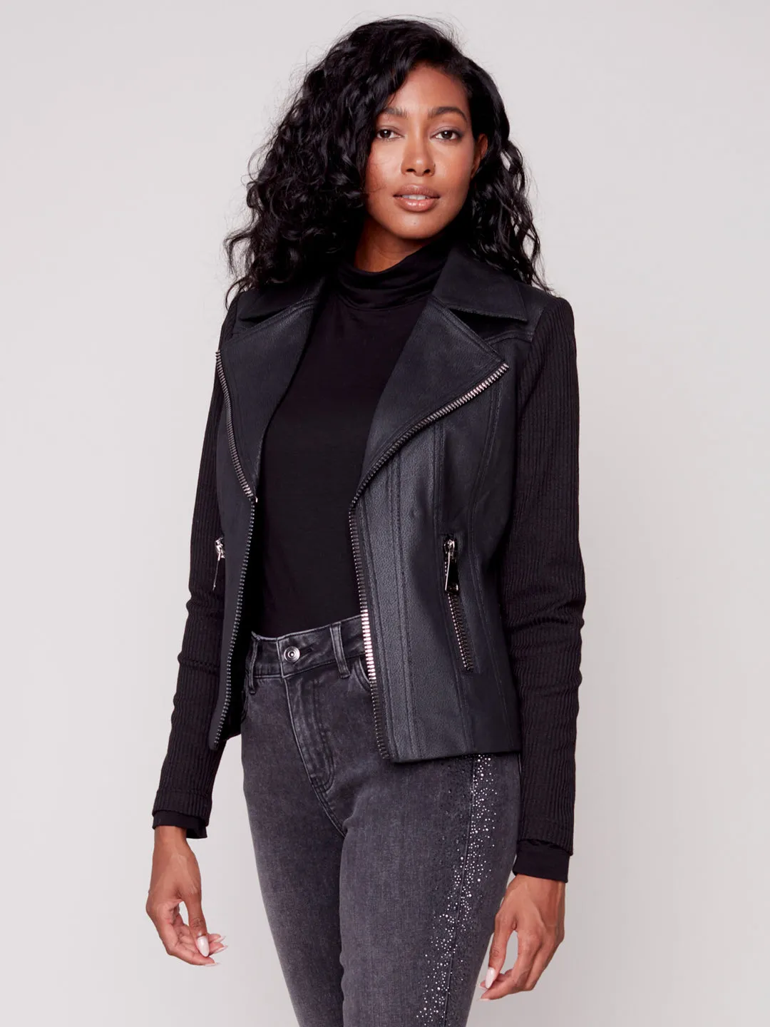 Charlie B Vintage Faux Leather and Rib Knit Combo Perfecto Jacket