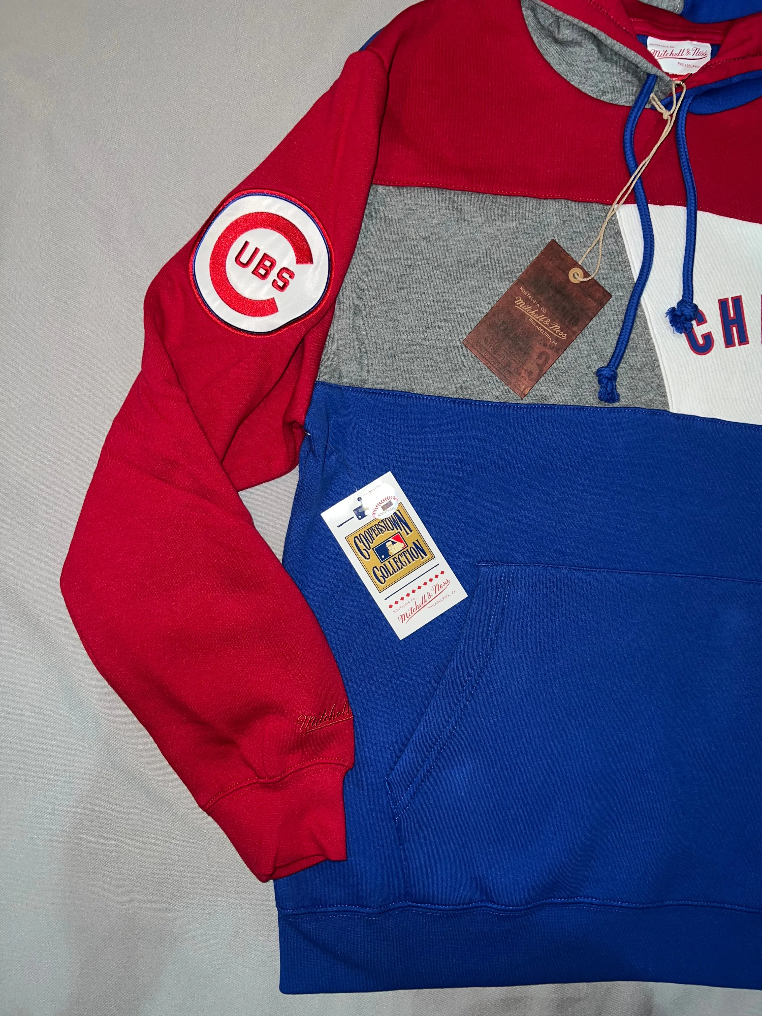 Chicago Cubs MLB Mitchell & Ness a Cooperstown Collection Colon Blocked (Blue/Grey/Red/White) Fleece Hoodie