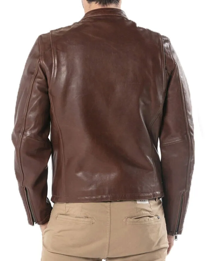 Dark cognac men's leather jacket motorcycle style 101241