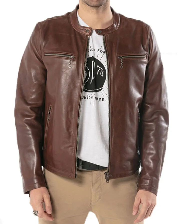 Dark cognac men's leather jacket motorcycle style 101241