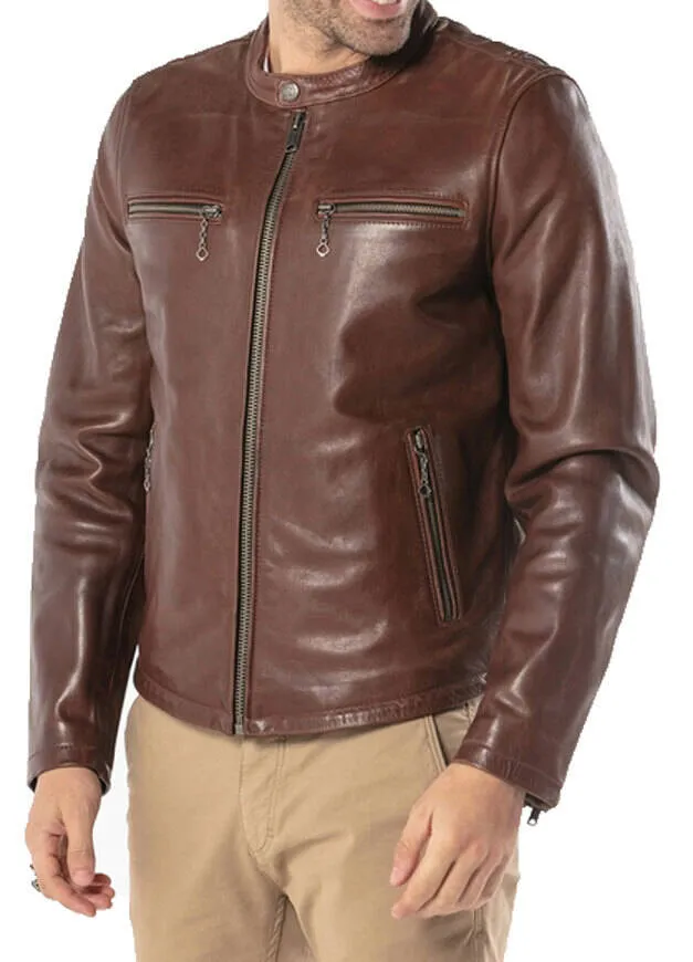 Dark cognac men's leather jacket motorcycle style 101241