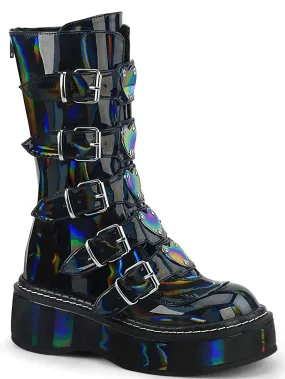 DEMONIA Holographic Buckle Boot with Heart Accents