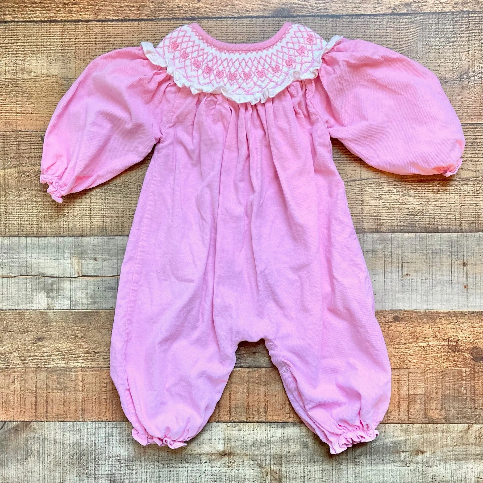 Eliza James Kids Pink Heart Smocked Romper- Size 18M