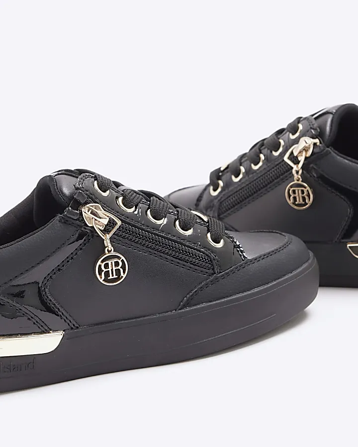 Girls black patent zip detail trainers