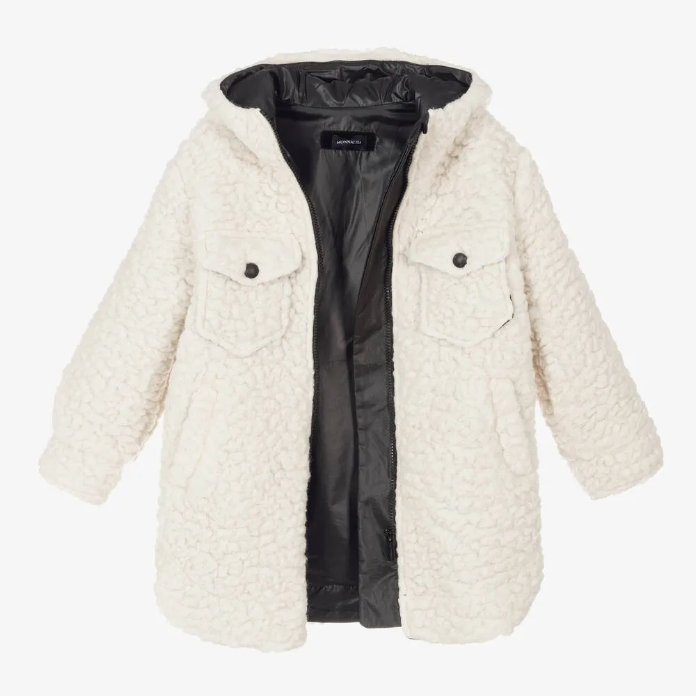 Girls Ivory Sherpa Fleece Hooded Coat