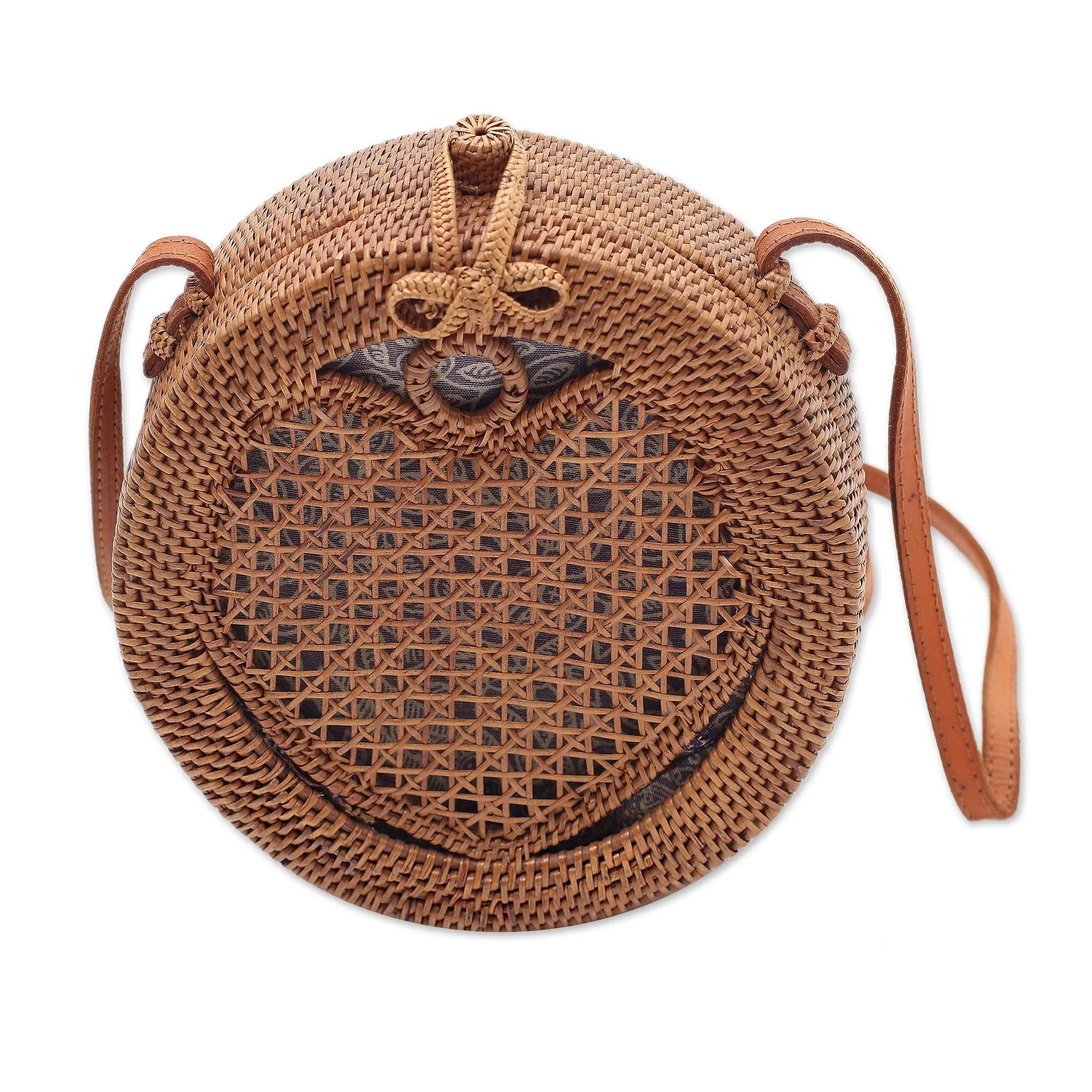 Heart's Delight in Brown Round Woven Bamboo Shoulder Bag with Heart Motif