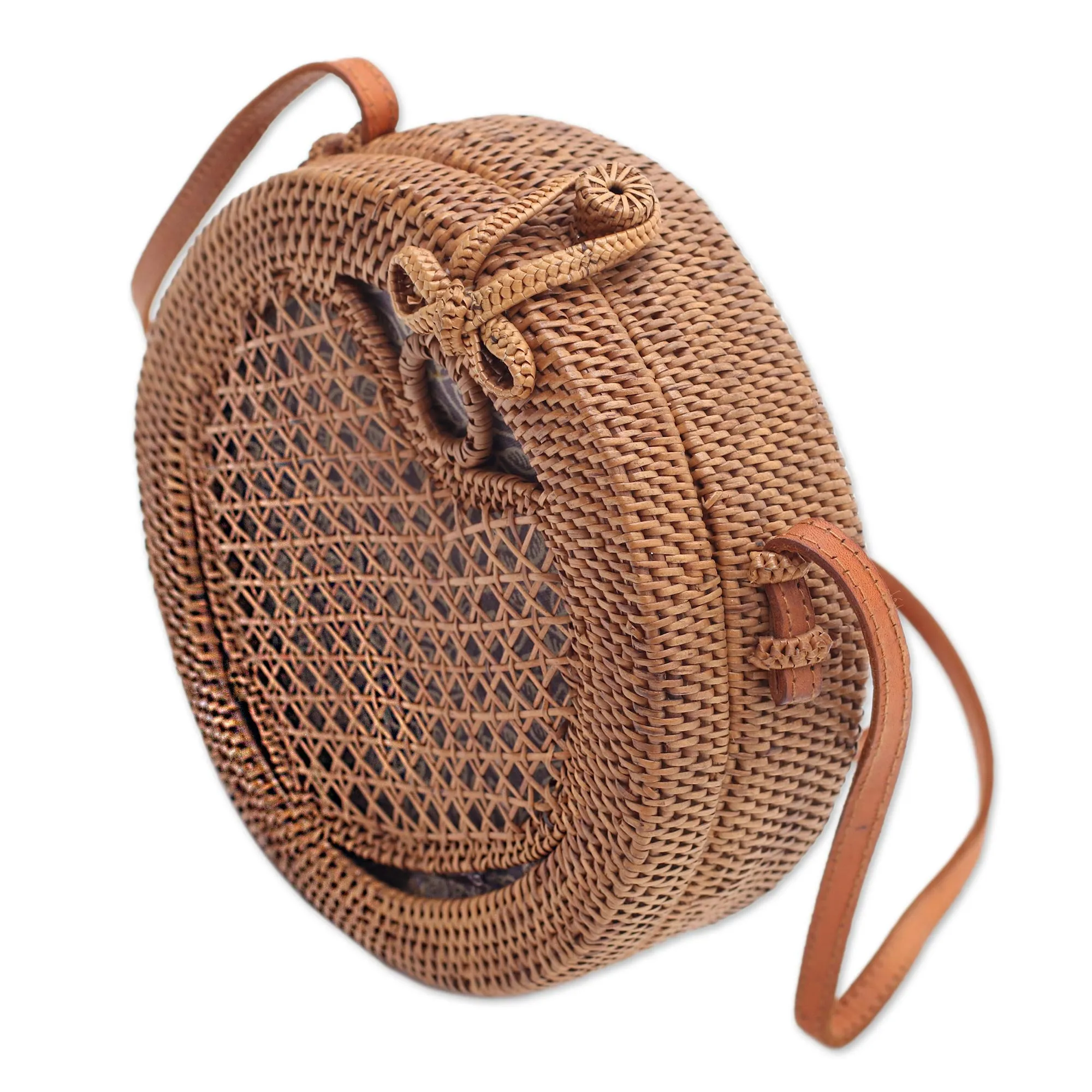 Heart's Delight in Brown Round Woven Bamboo Shoulder Bag with Heart Motif