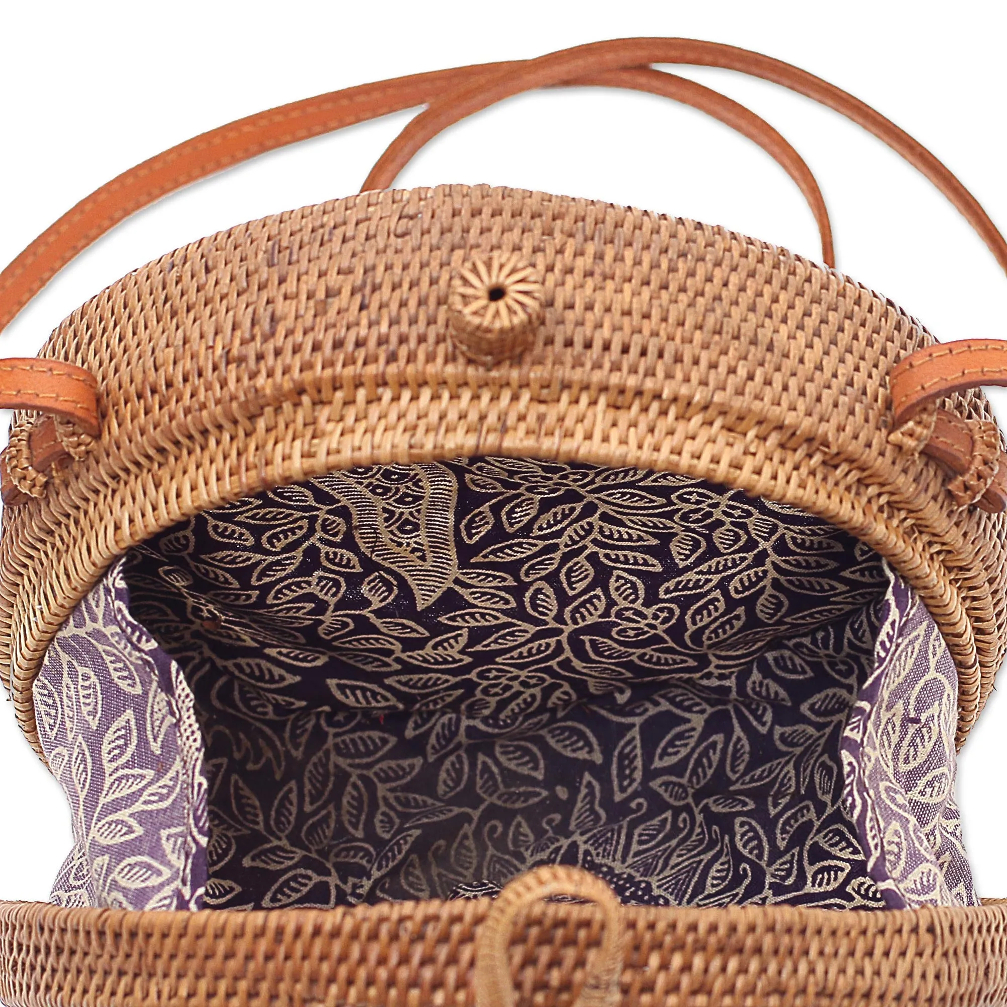 Heart's Delight in Brown Round Woven Bamboo Shoulder Bag with Heart Motif