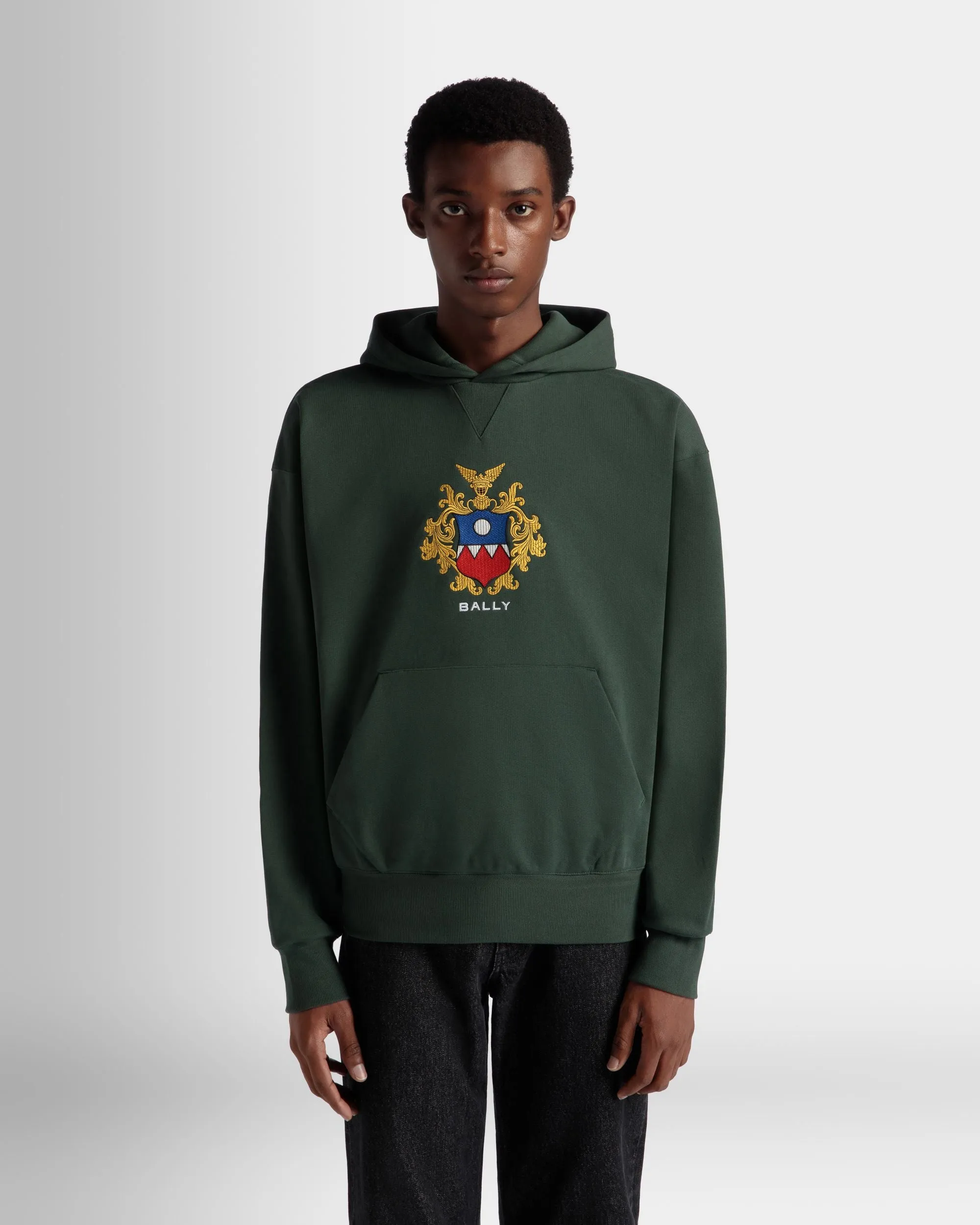 Hoodie With Bally Crest Logo In Bottle Green Cotton 