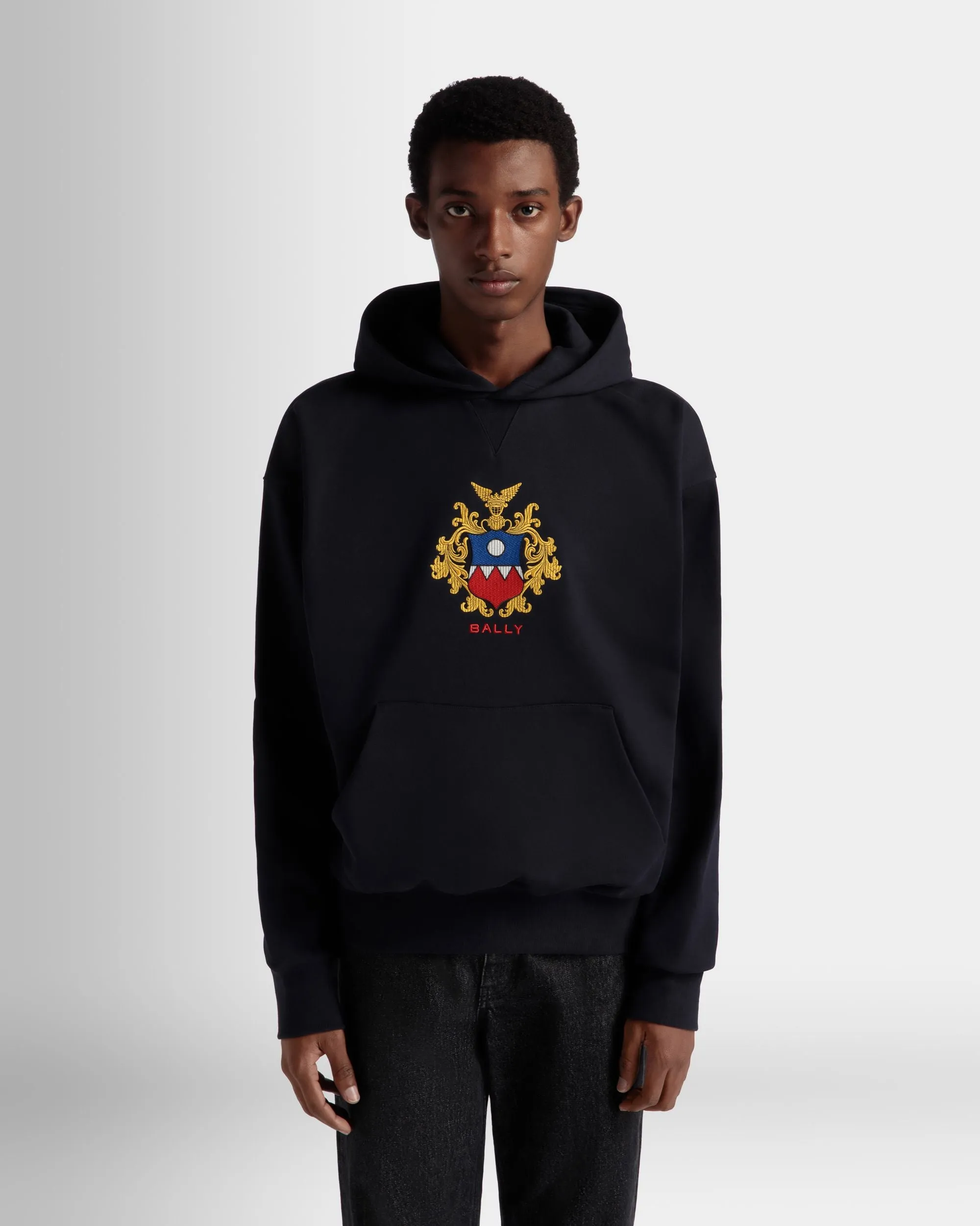 Hoodie With Bally Crest Logo In Navy Blue Cotton 