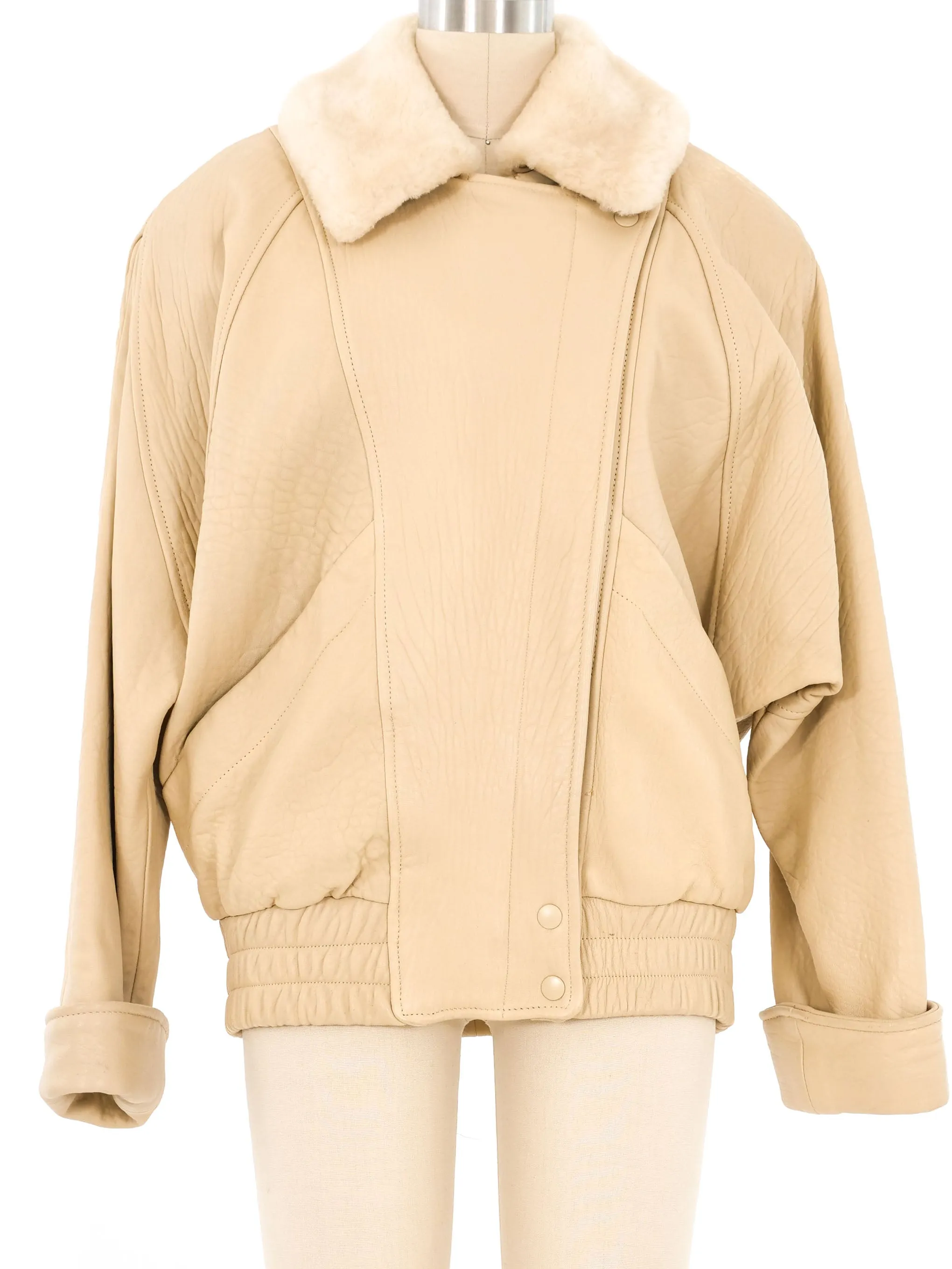 Ivory Shearling Trimmed Leather Bomber