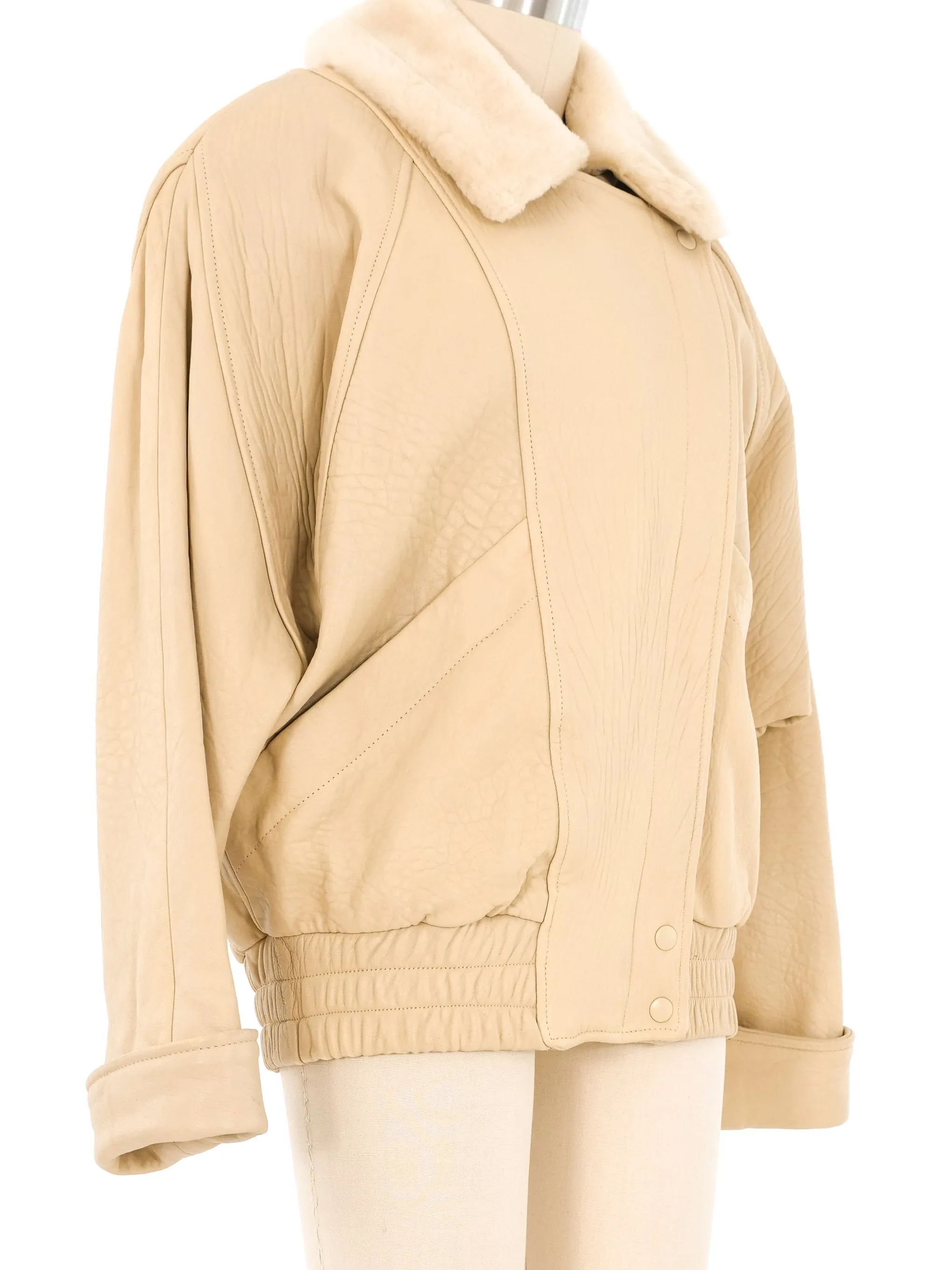 Ivory Shearling Trimmed Leather Bomber