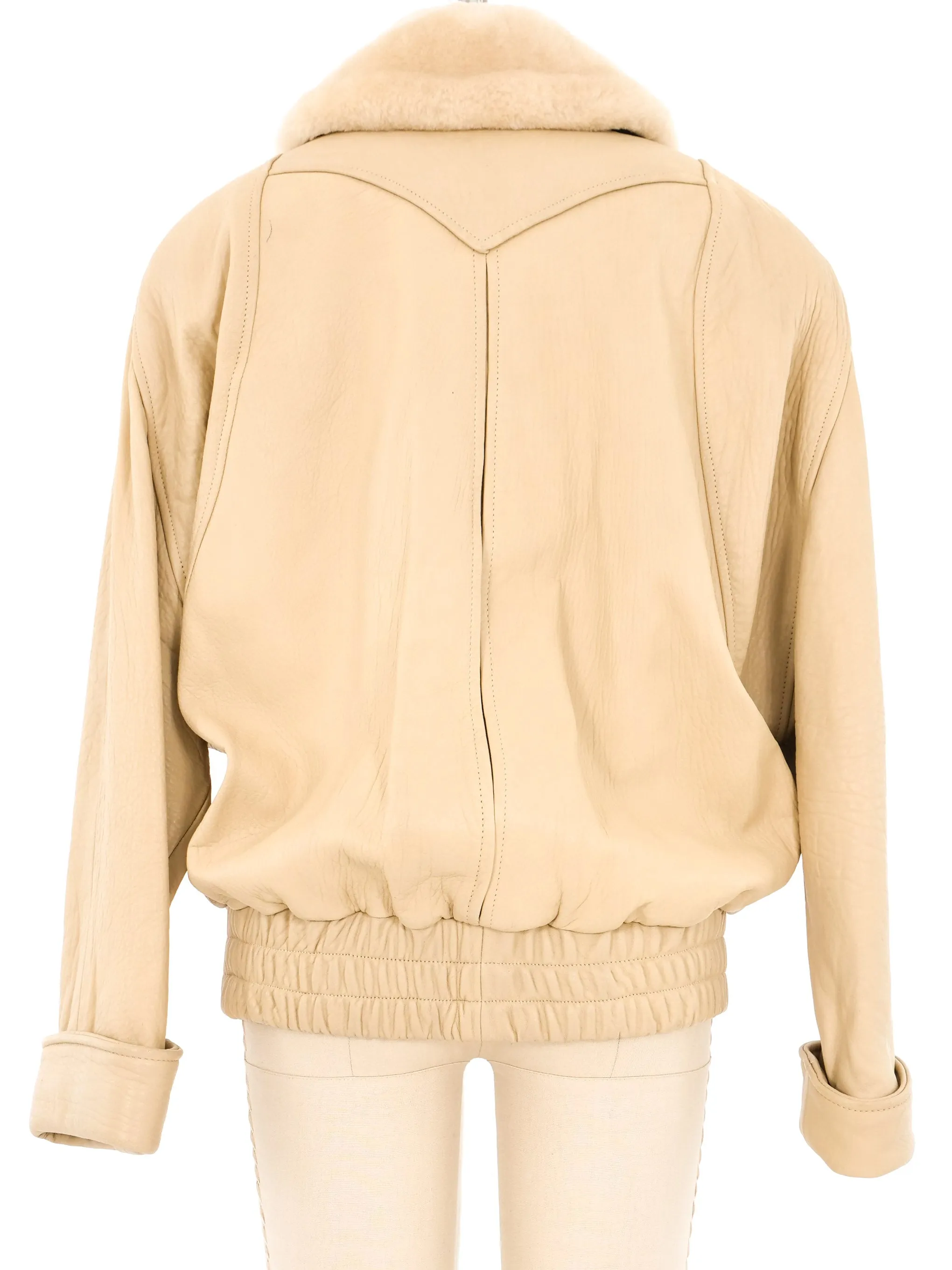 Ivory Shearling Trimmed Leather Bomber