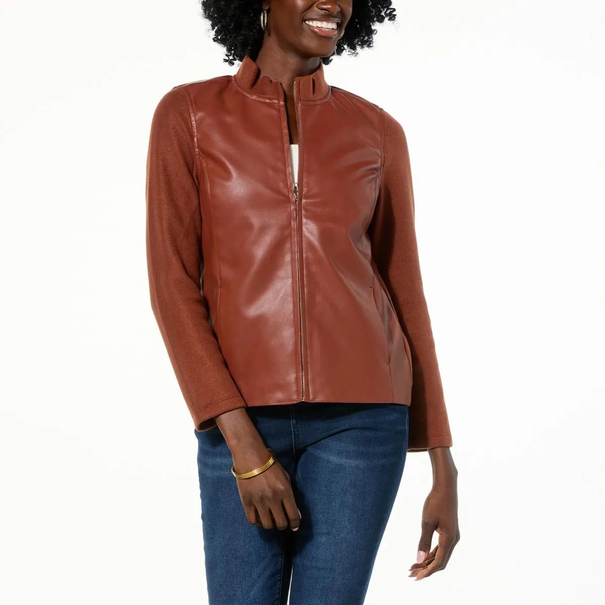      Jaclyn Smith Faux Leather and Knit Zip Front Jacket     