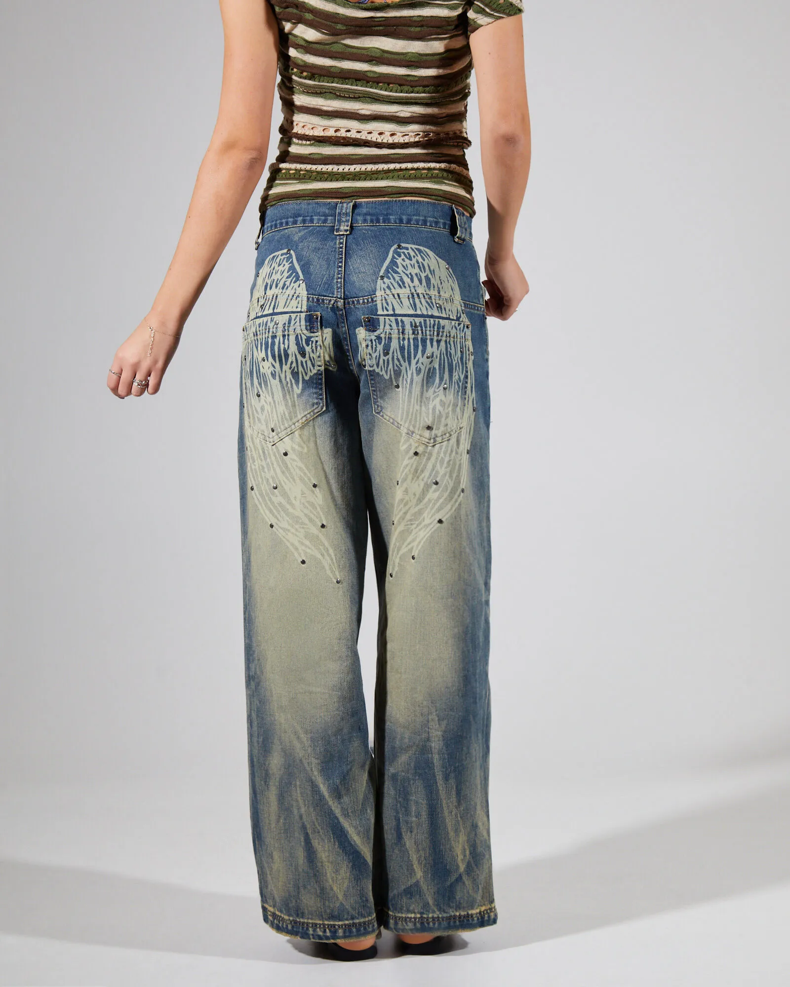 Jaded London Wing Print Studded Lowrise Colossus Jeans