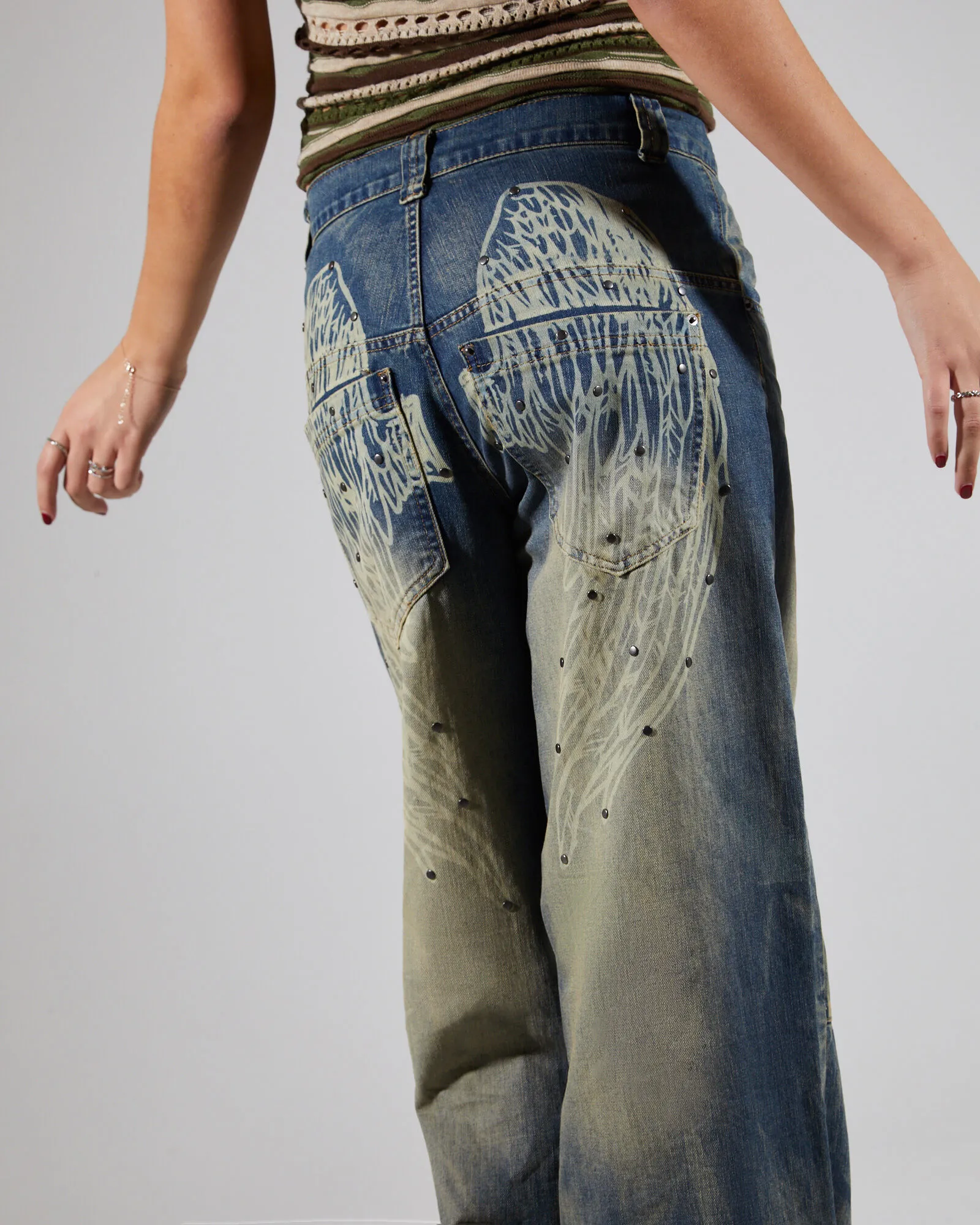 Jaded London Wing Print Studded Lowrise Colossus Jeans