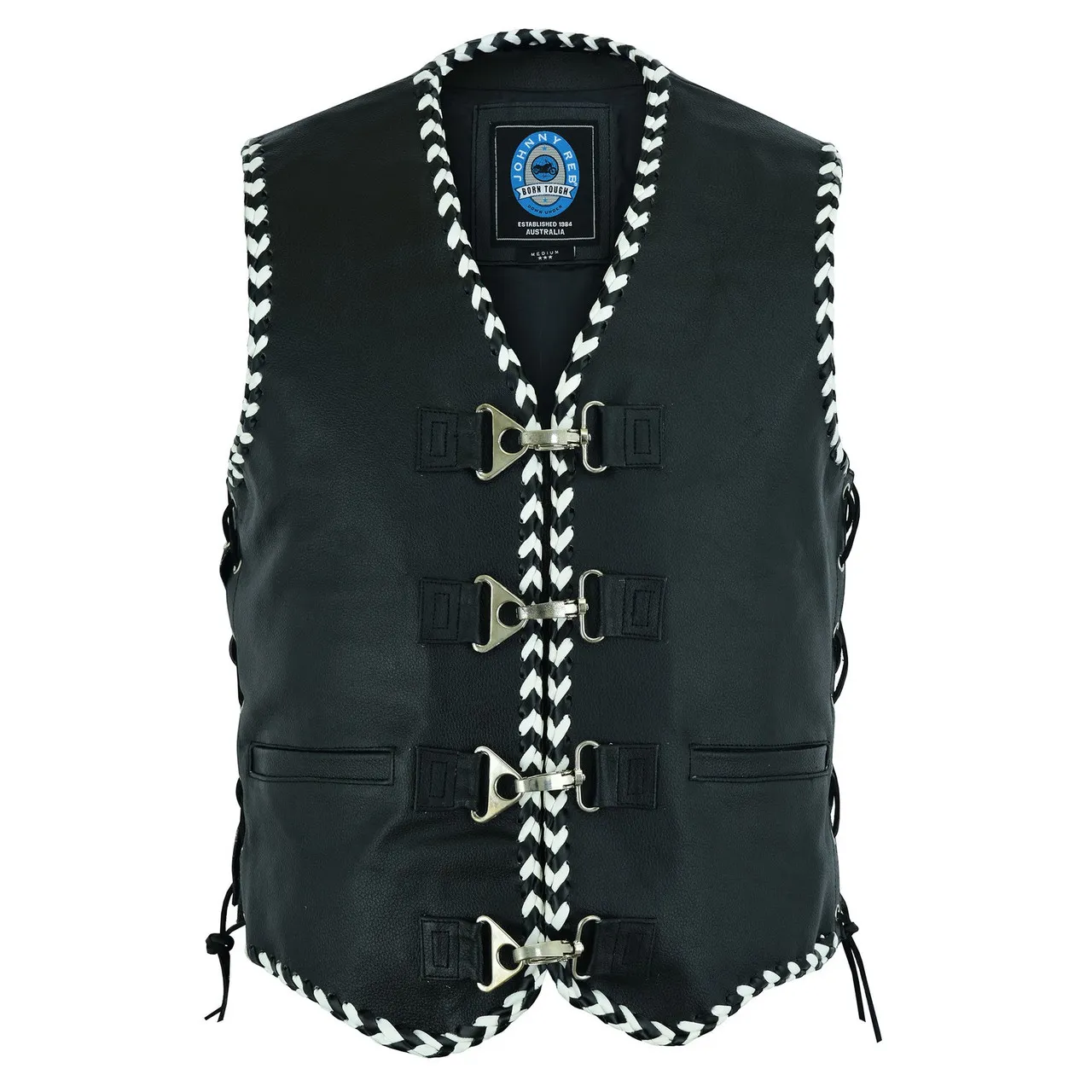 Johnny Reb Springbrook Leather Vest with Black and White Braided Leather Edging.